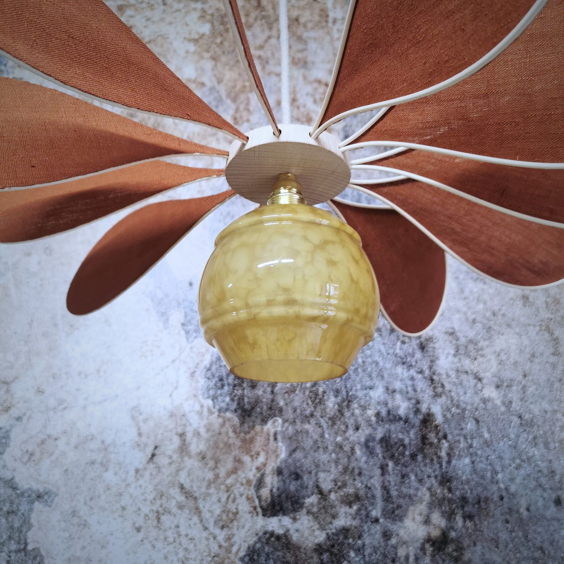 Pendant light flower 12 blades linen, rattan and glass globe of Clichy
