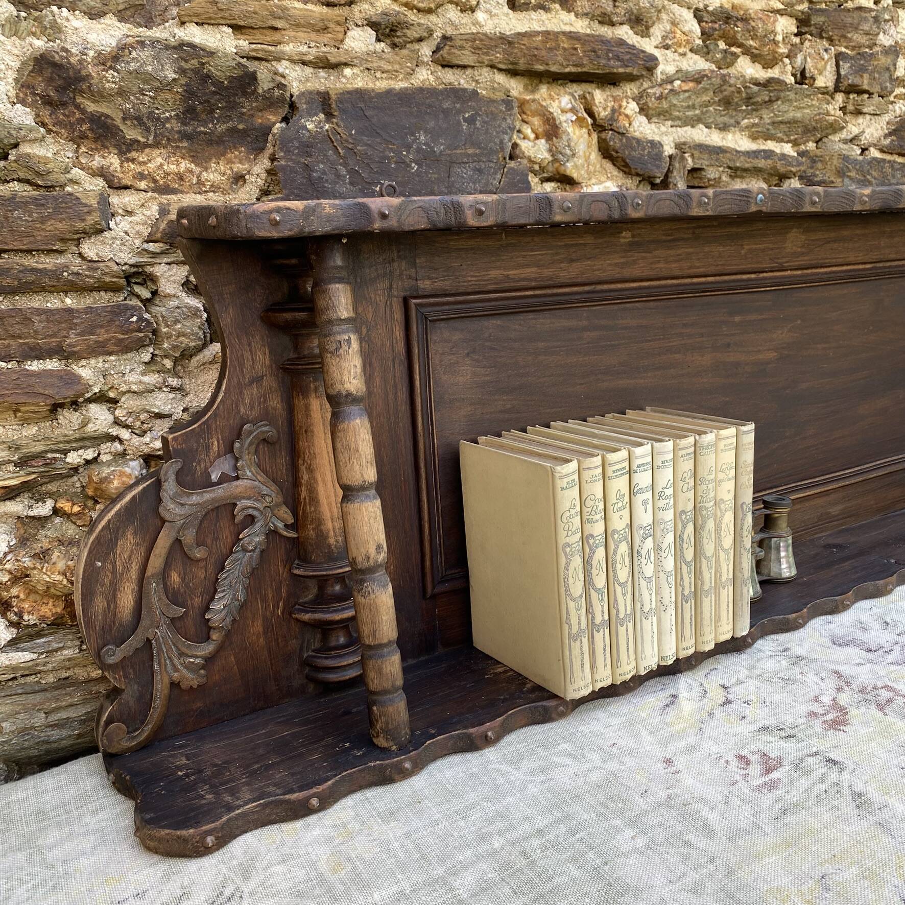 Large wall shelf with 2 wooden and brass shelves.