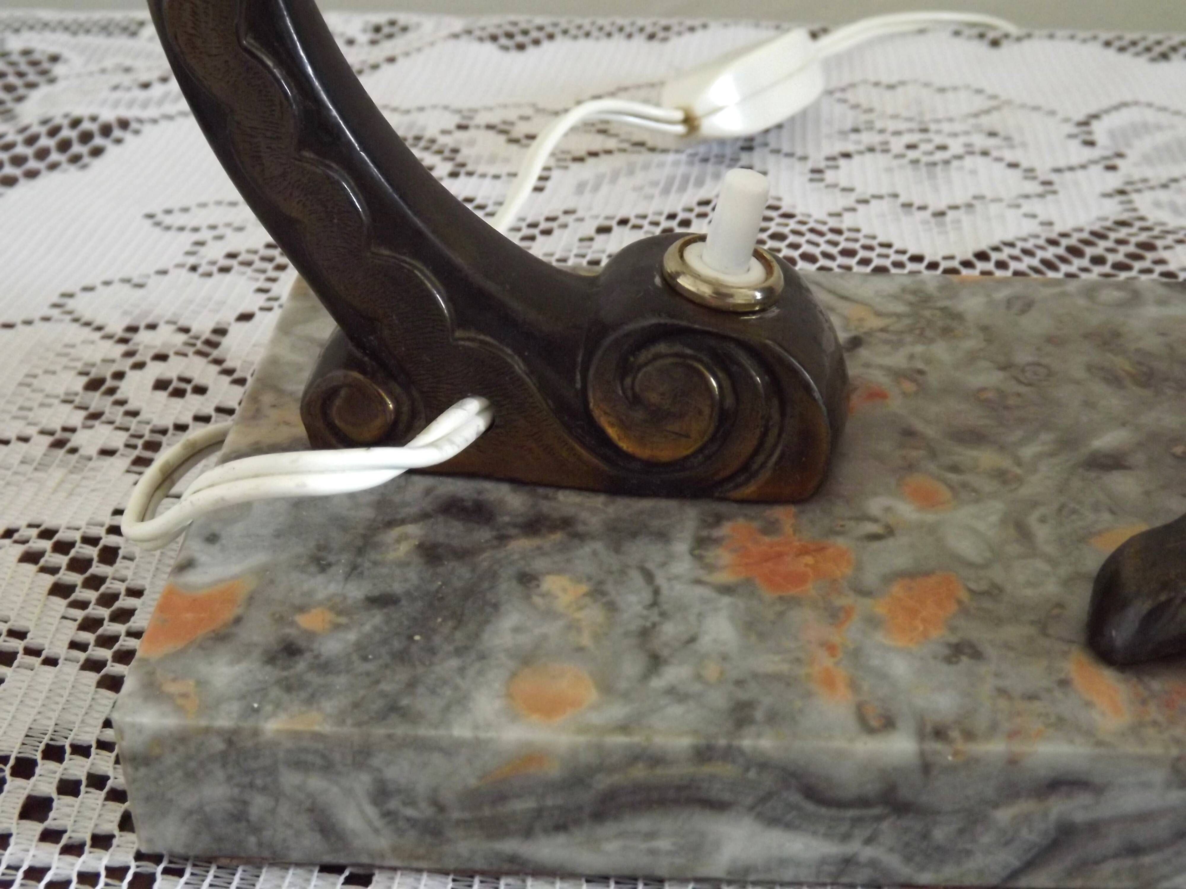 French Art Deco Table Lamp – Kneeling Girl with Dog & Clichy Glass Shade
