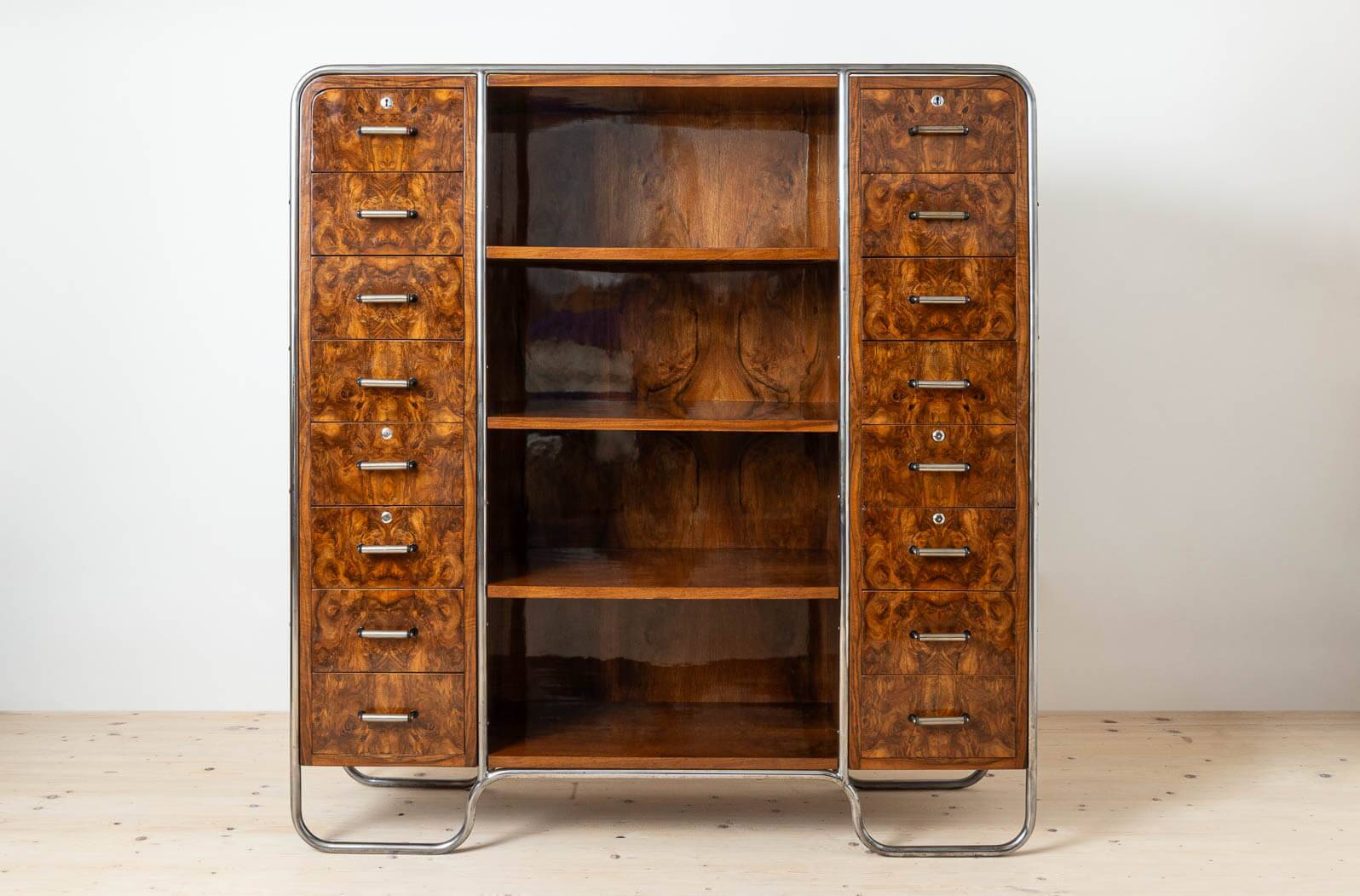Bauhaus Era Bookcase, Tubular Steel Base, Walnut Veneer, 1930s