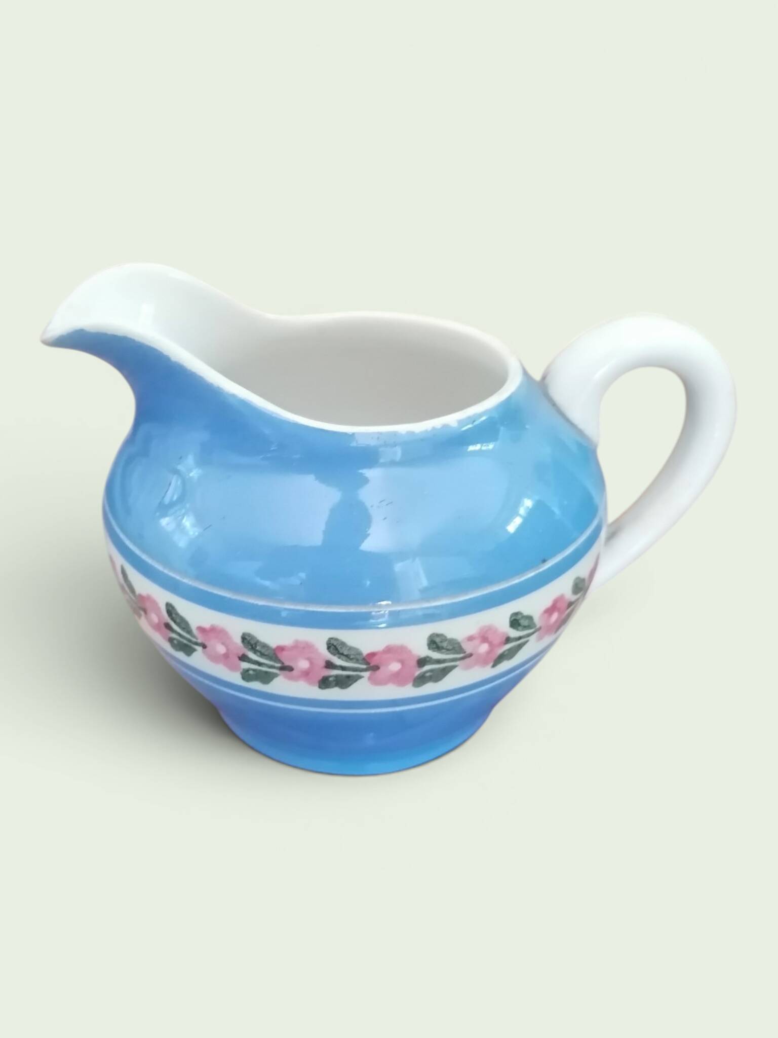 Service à thé en faience ancienne bleu et rose. Sarreguemine 1950