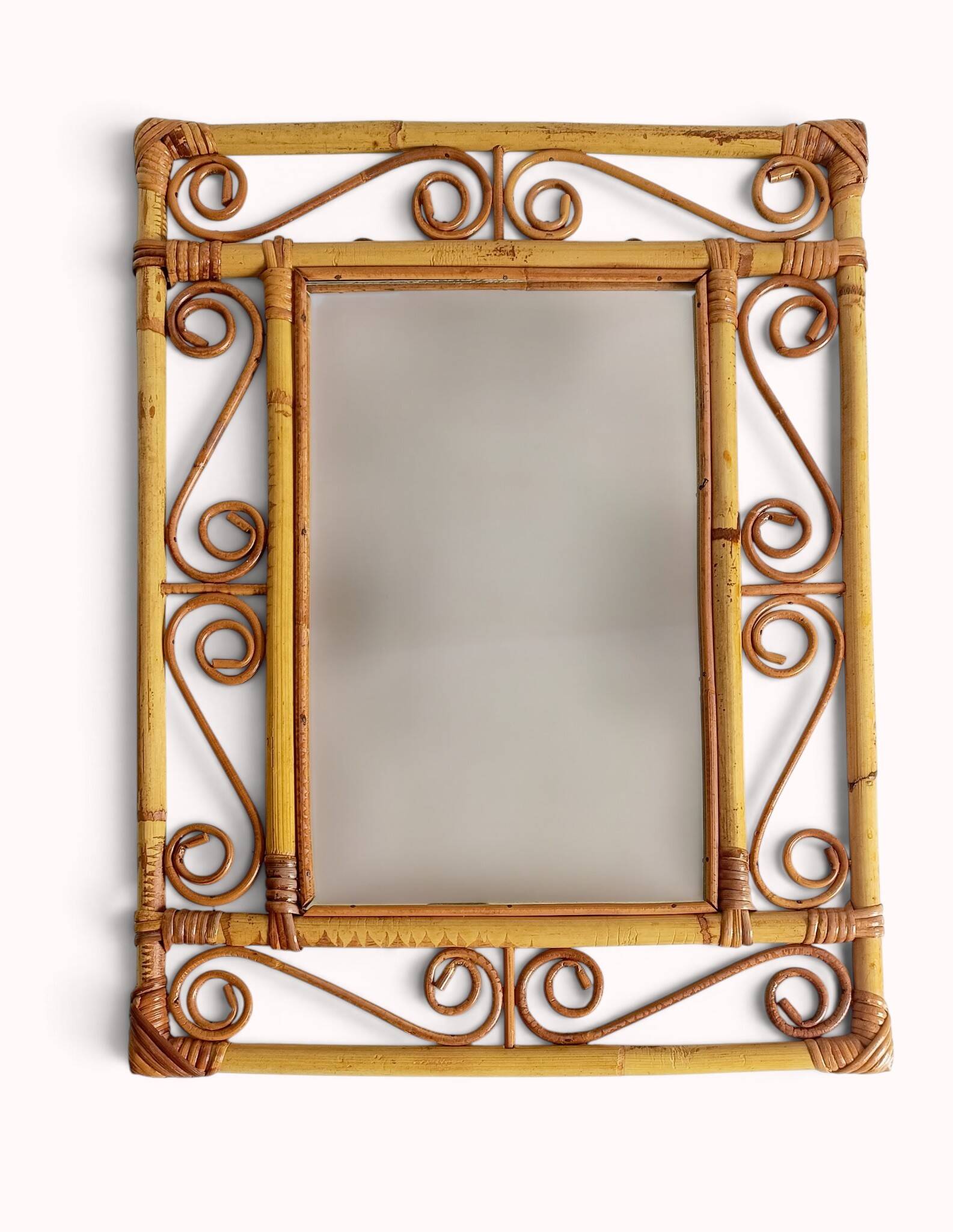 Vintage 1970s Spanish Handmade Bamboo and Rattan Wall Mirror