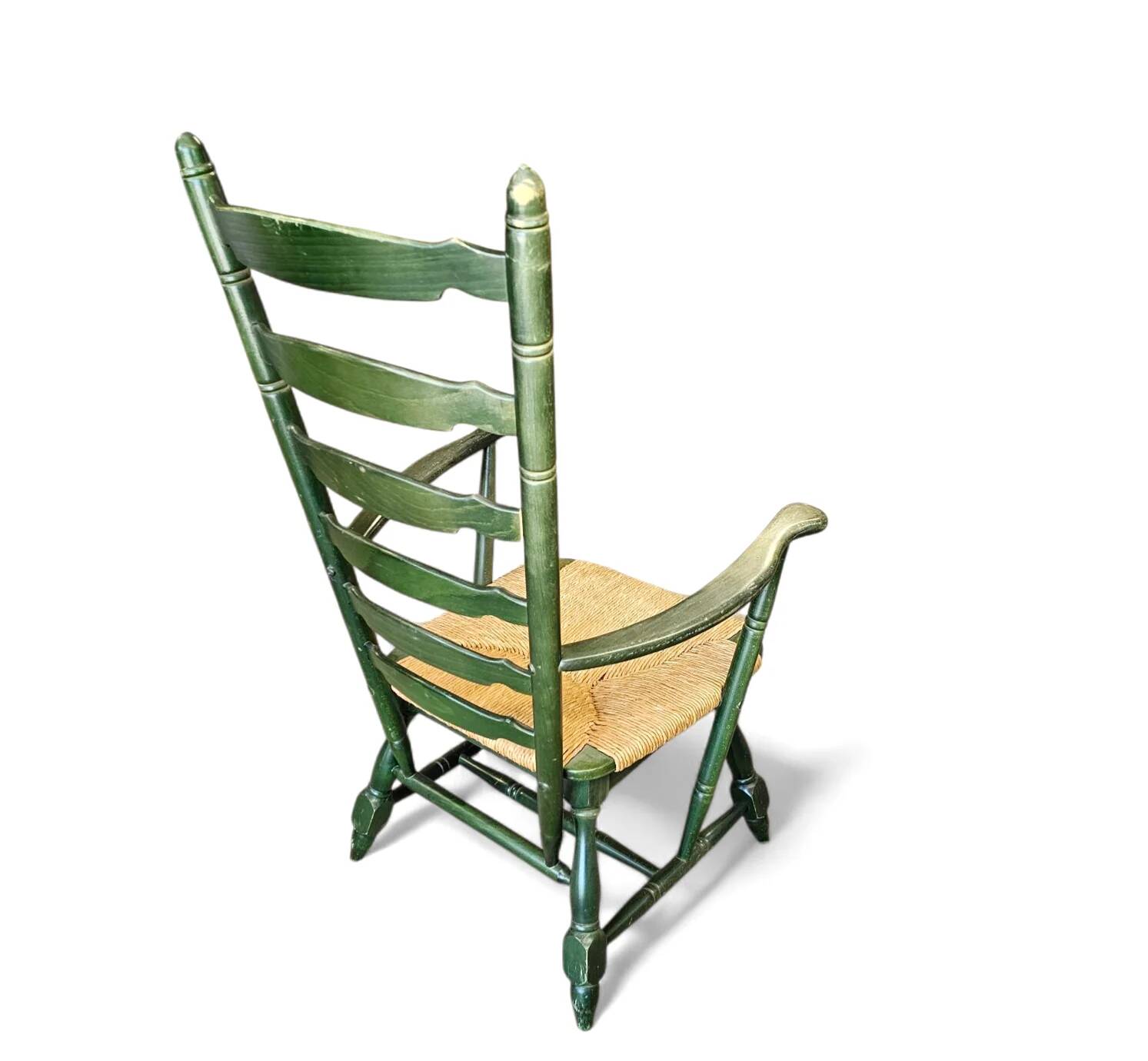 Vintage transparent green wooden arm chair / rush seat / high back ladder chair