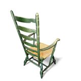 Vintage transparent green wooden arm chair / rush seat / high back ladder chair
