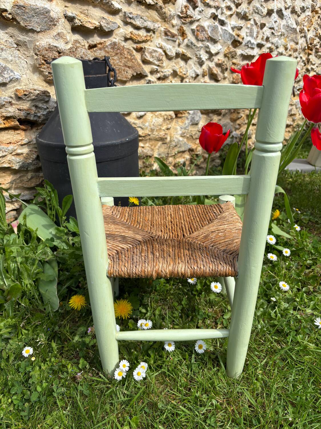 Mint green wooden and vintage straw children's chair