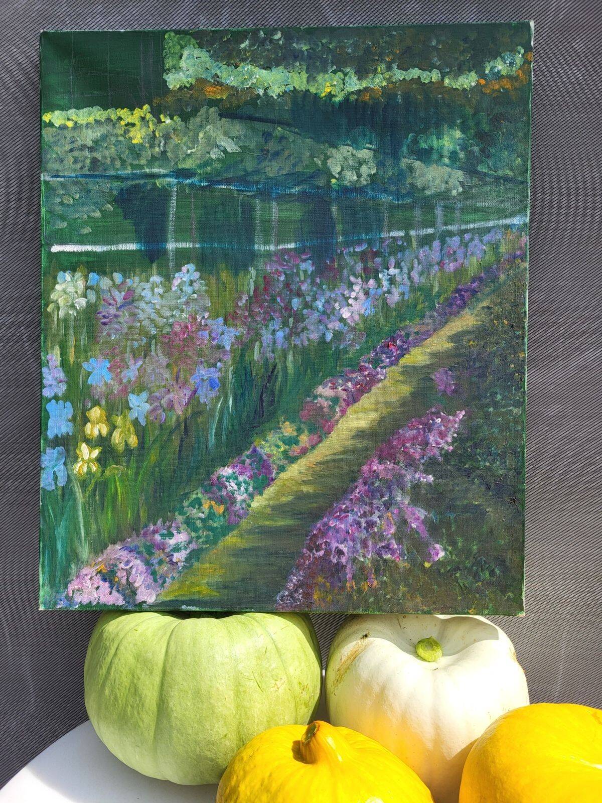 Huile sur toile impressionniste – "Le Jardin aux Iris"