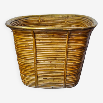 XL basket in rattan and brass, Italy, 1970, 44cm diam