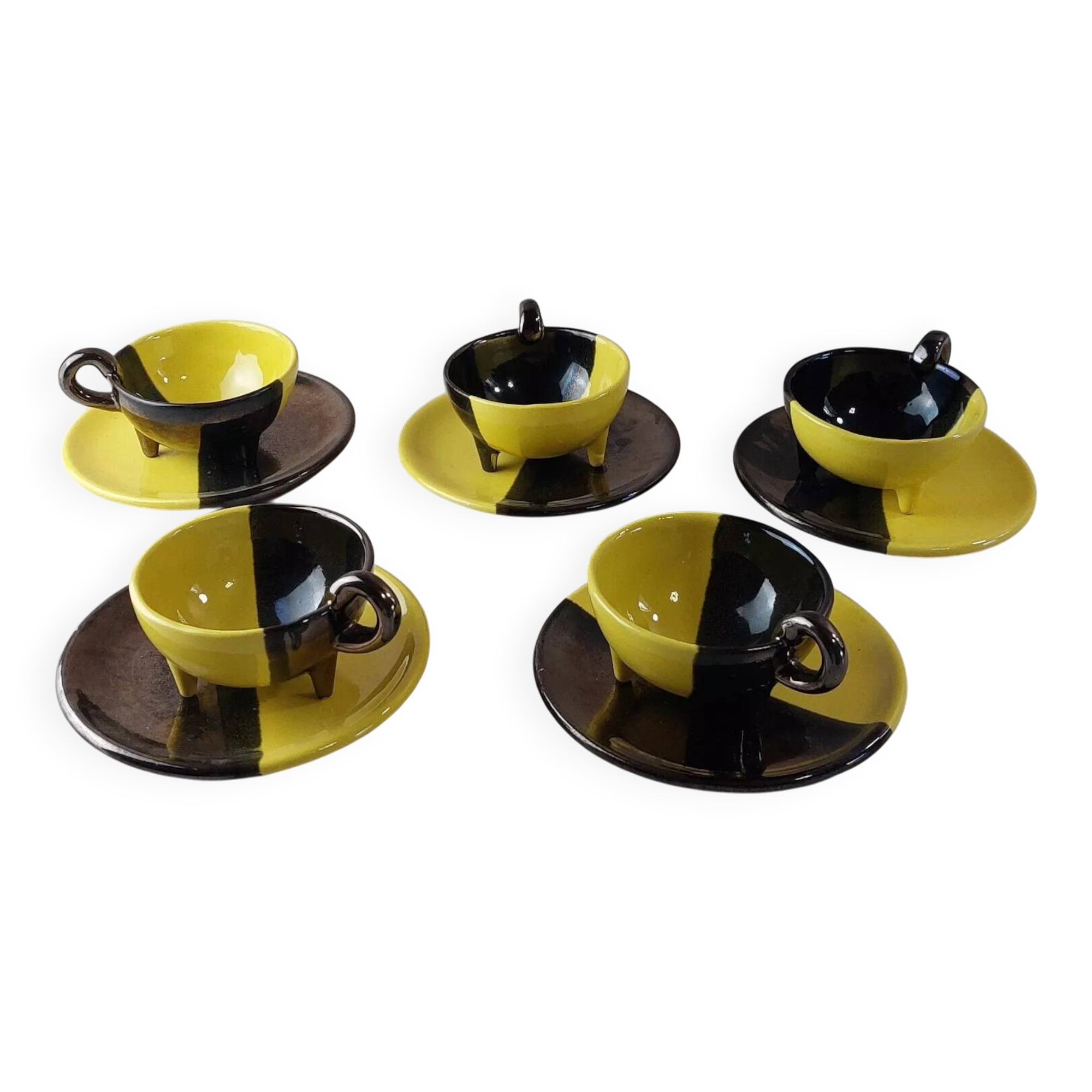 Set of 5 cups + saucers, two-tone ceramic, Luc Lucchesi, by Vall