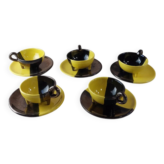 Lot de 5 tasses + sous tasses, en céramique bicolore, Luc Lucchesi, de Vall