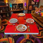 Table "floating" Space age 1970 Red Glass and Dove Tail - 140x80cm