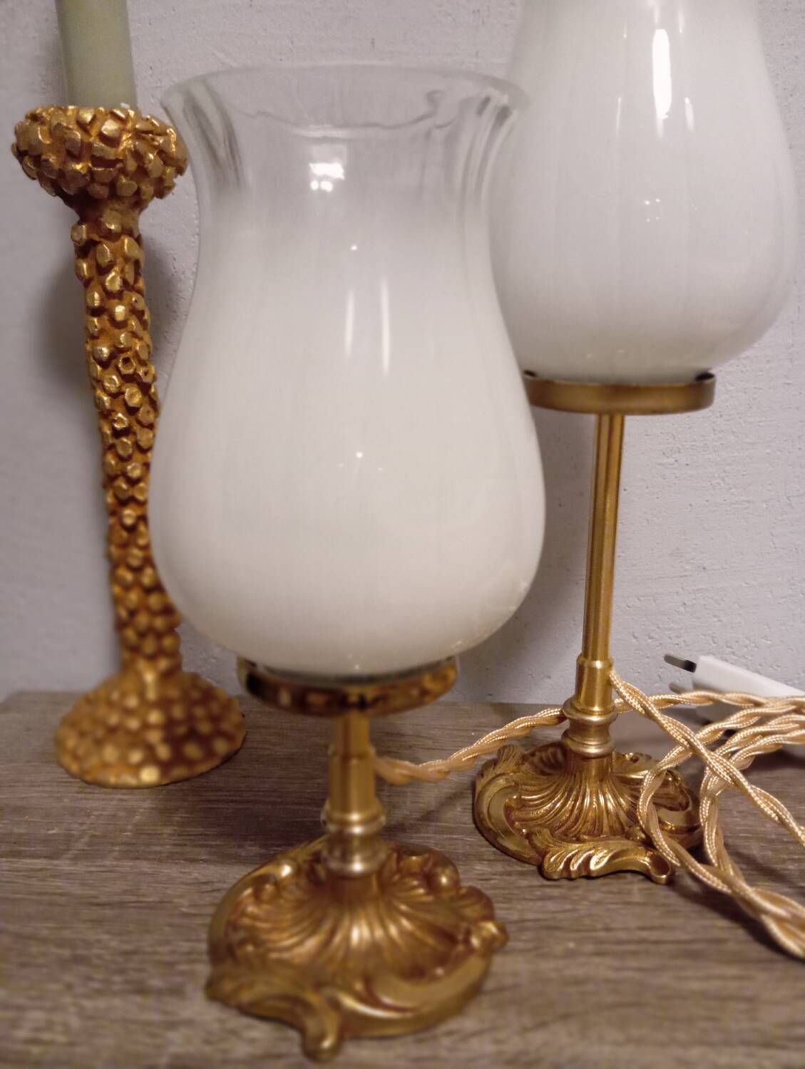 Duo art deco bedside lamps bronze and white glass tulip