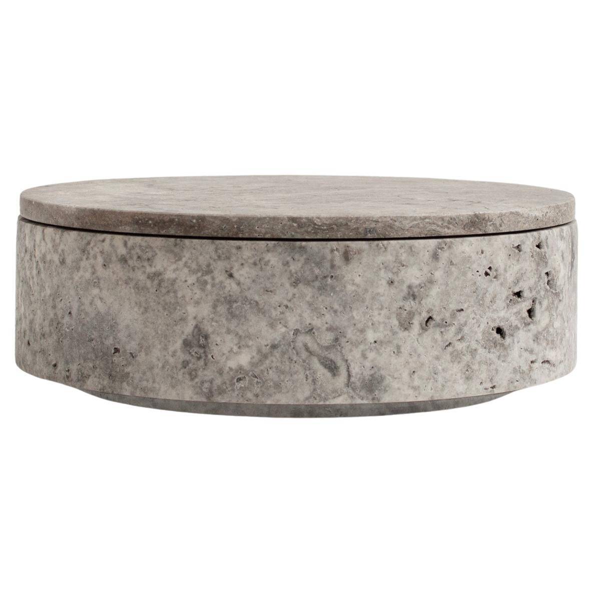 Silver travertine cylindrical bowl with lid