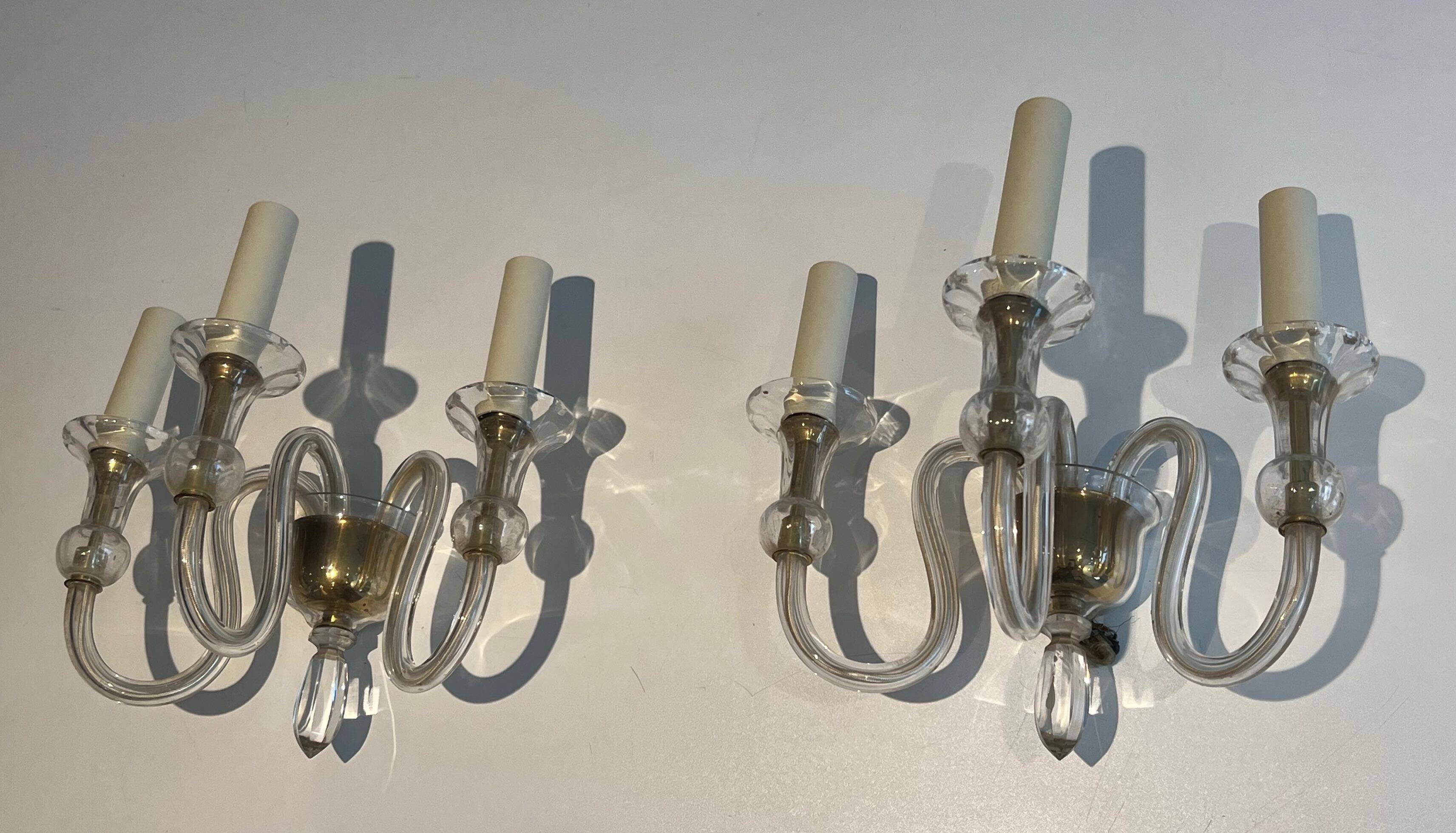 Pair of Murano crystal wall lights with 3 arms.