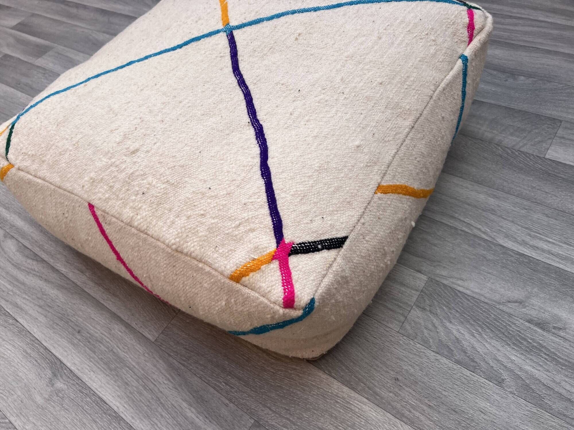 Azilal Kilim Moroccan Berber Pouf - 100% Wool and Cotton - Handwoven Floor Cushion