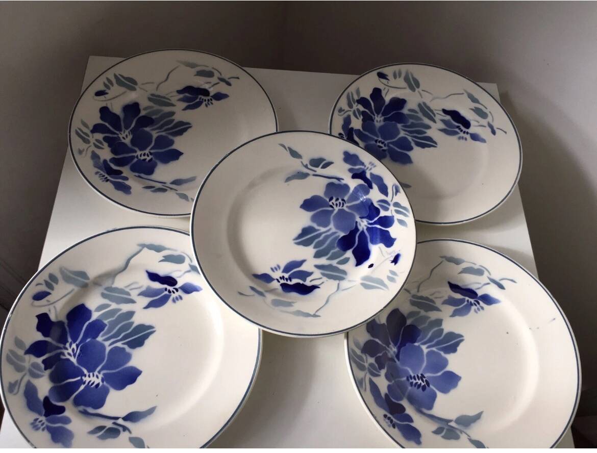 Ensemble assiettes à desserts Faïence de Longchamp Terre de fer fleurs