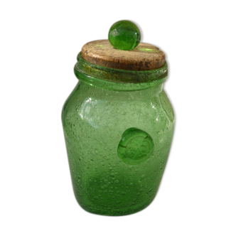 Biot stamped bubble glass jar, green colour, hand-blown and cork in liege