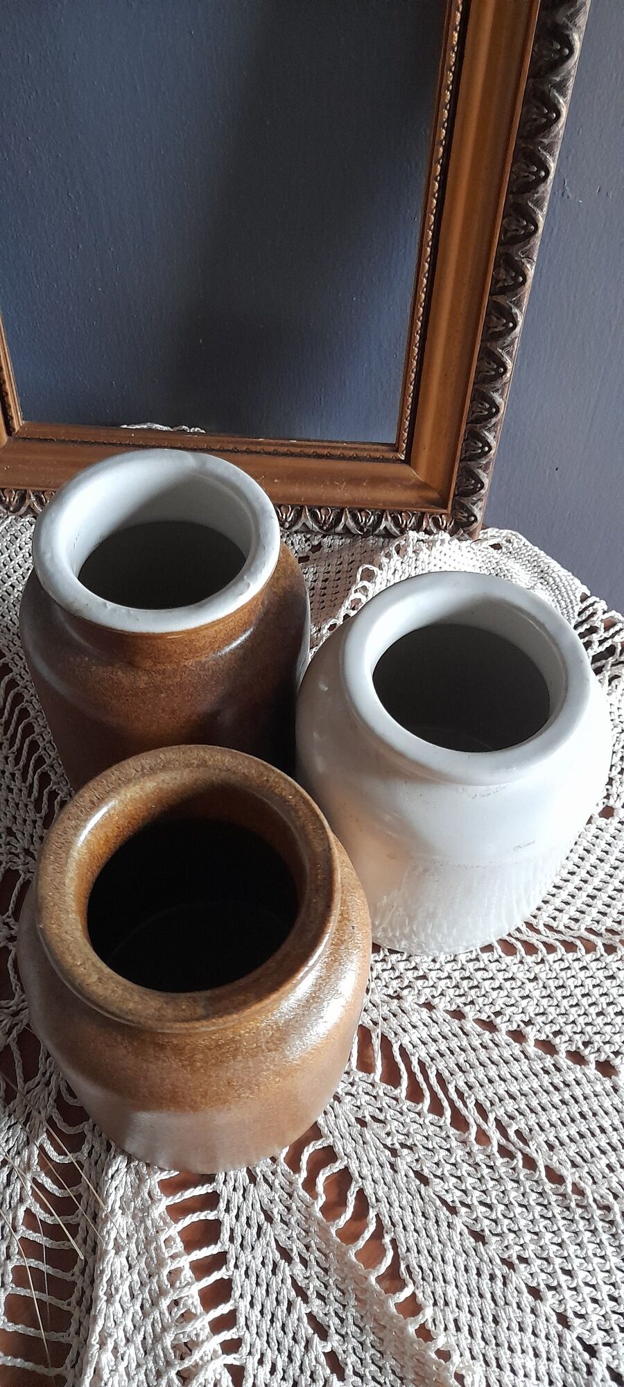 4 old stoneware mustard pots, lab Lagny, vintage France circa 1950/1960
