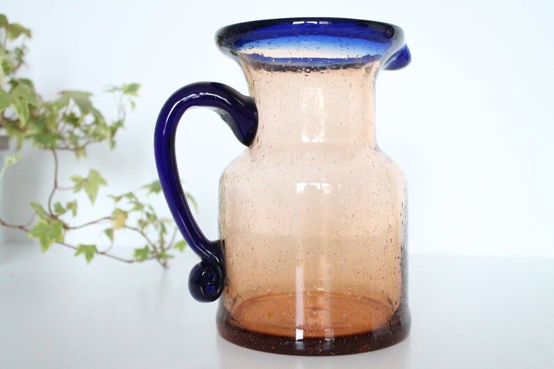 Bubble glass jug made by French craftsmen, blue and orange