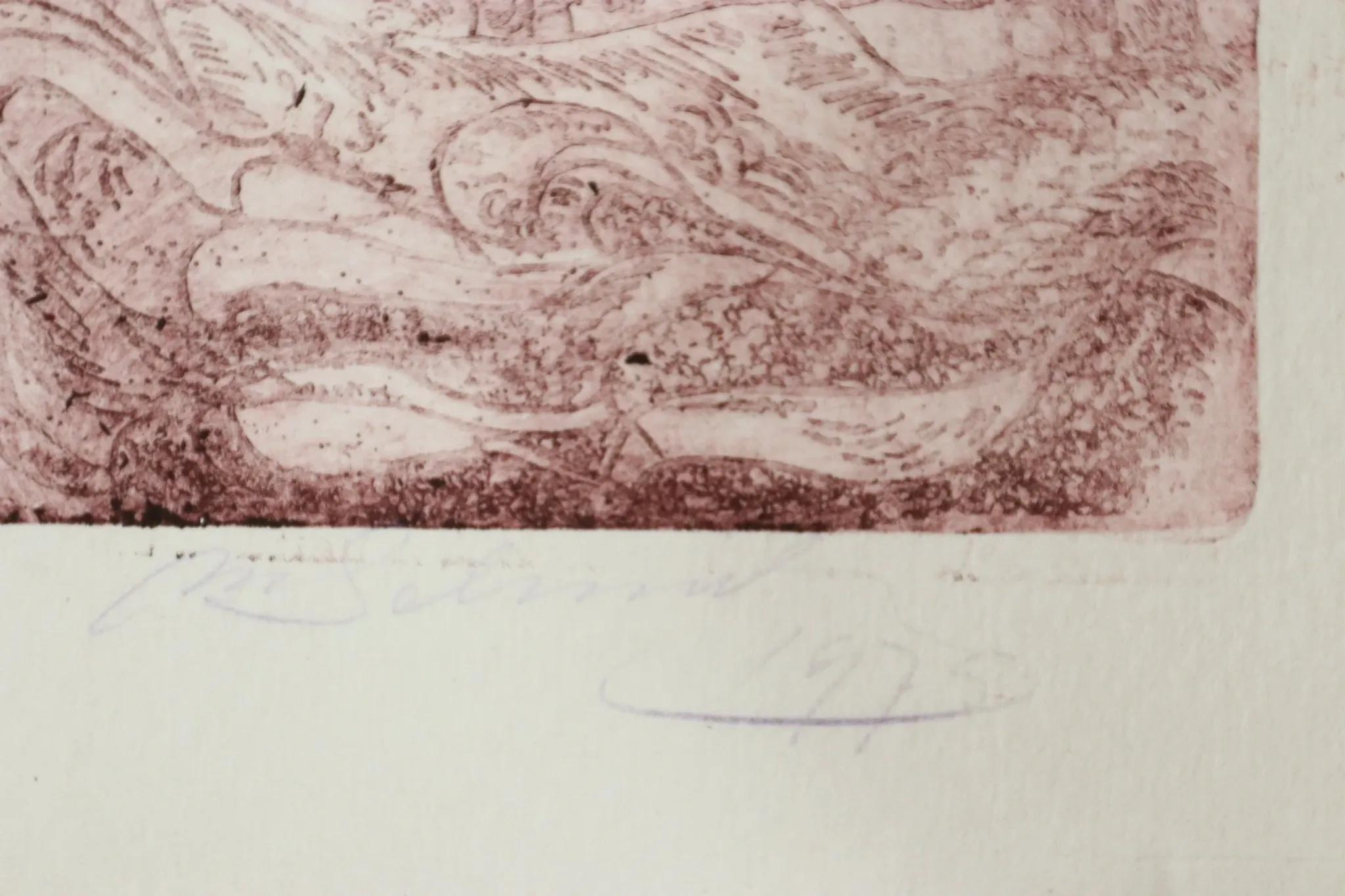 Etching in red – dancer above flames and waves, M. Schneider 1973