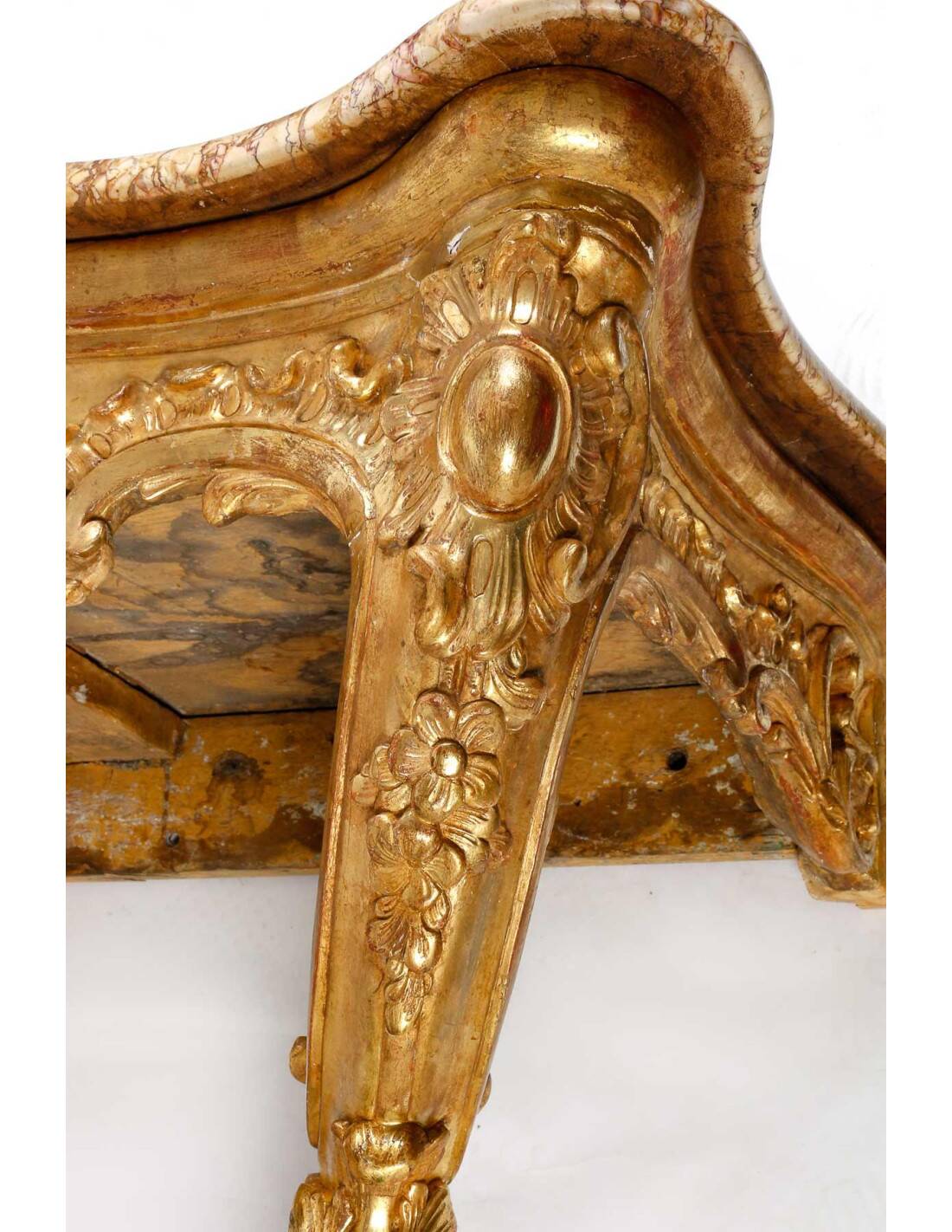Console in Carved and Gilded Wood, Marble Top, 18th Century.