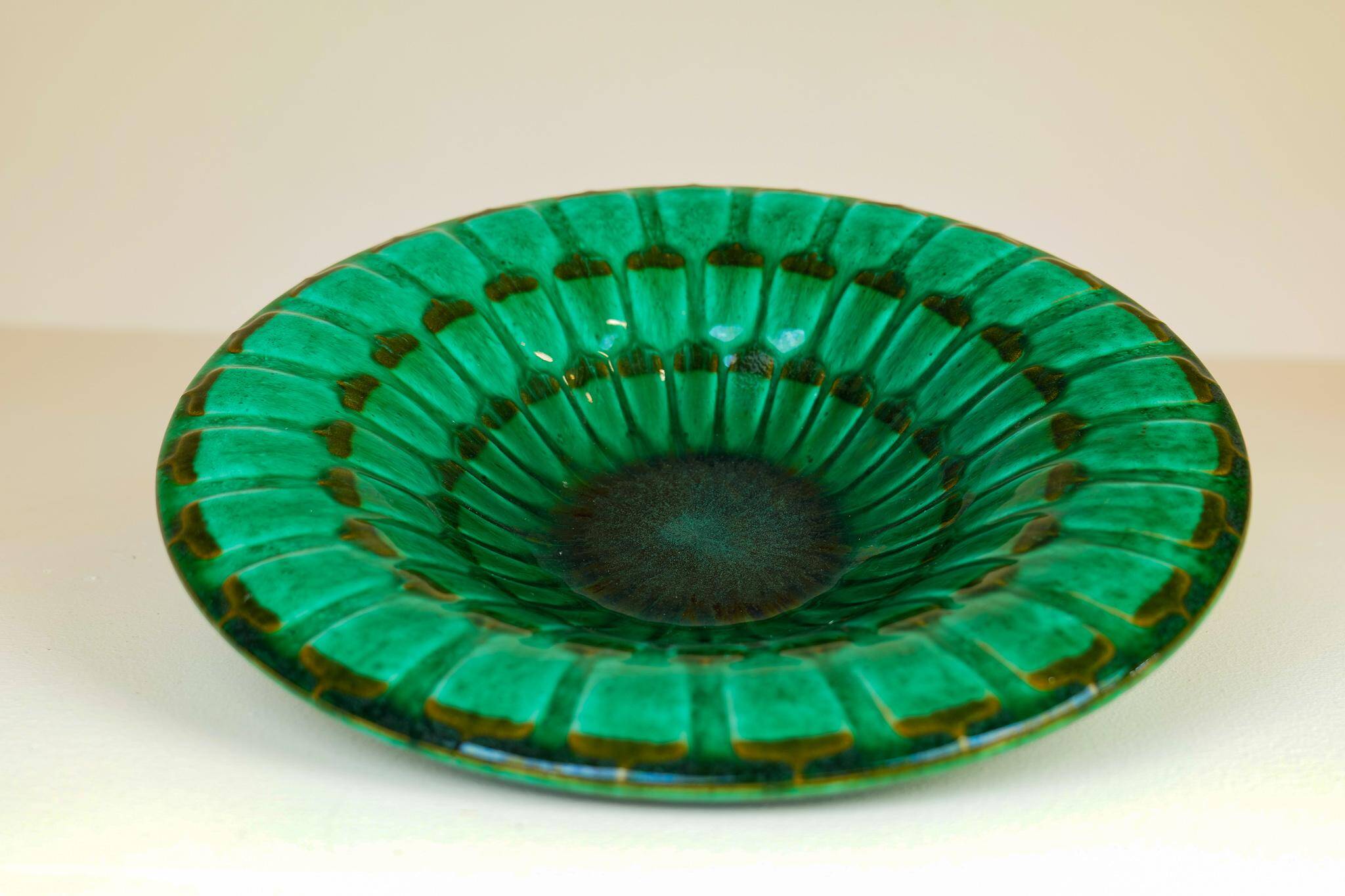 Large Green Midcentury Ceramic Vases and Upsala Ekeby "Capri" Bowl/Tray from the 1950s