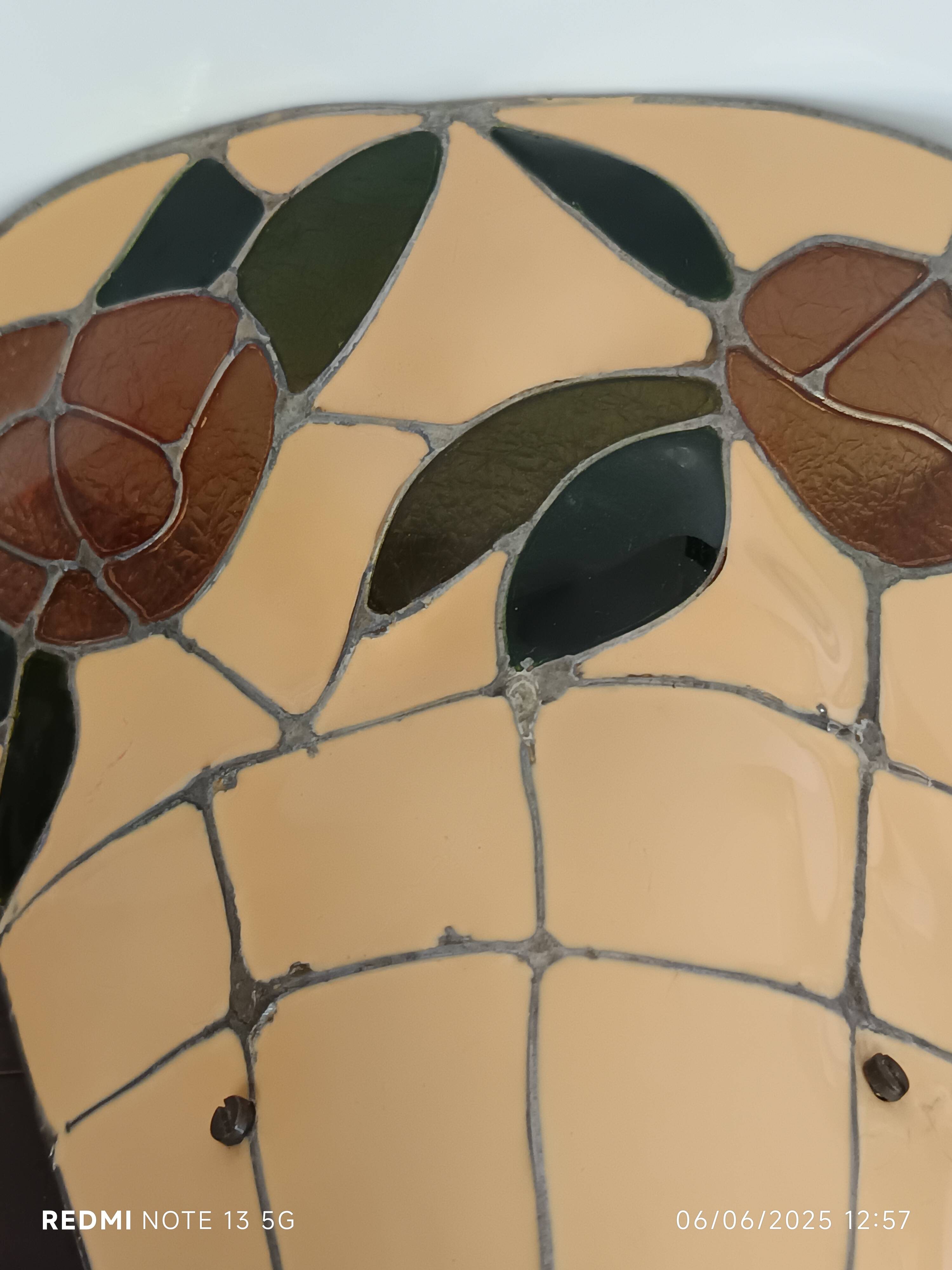Stained glass and brass wall light from the 1970s
