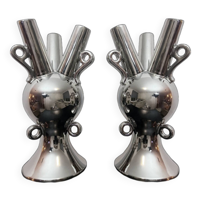 2 Grands Vases Vintage • Céramique Chromée • XXL • 1990