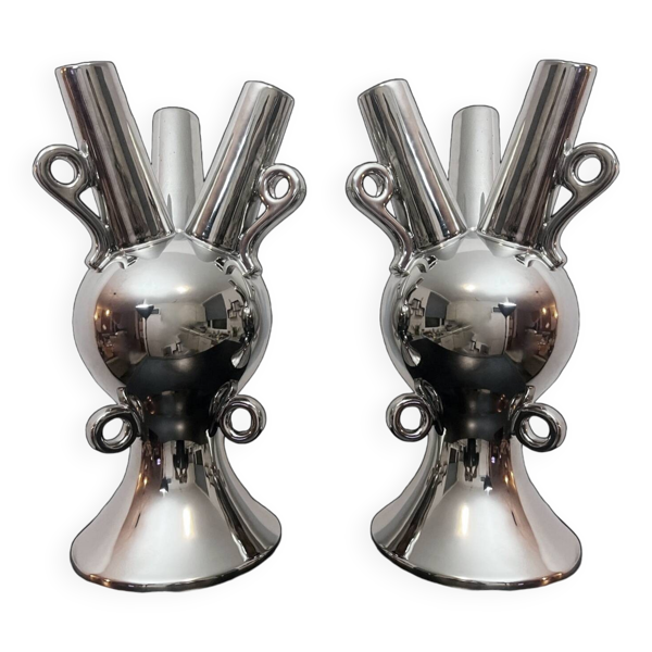 2 Grands Vases Vintage • Céramique Chromée • XXL • 1990