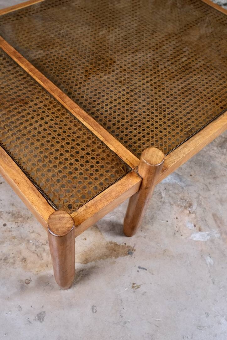 Cane and smoked glass coffee table, France, 1980.