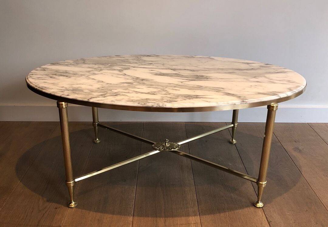Neoclassical Oval Coffee Table in Brass and Carrara Marble, Janse House