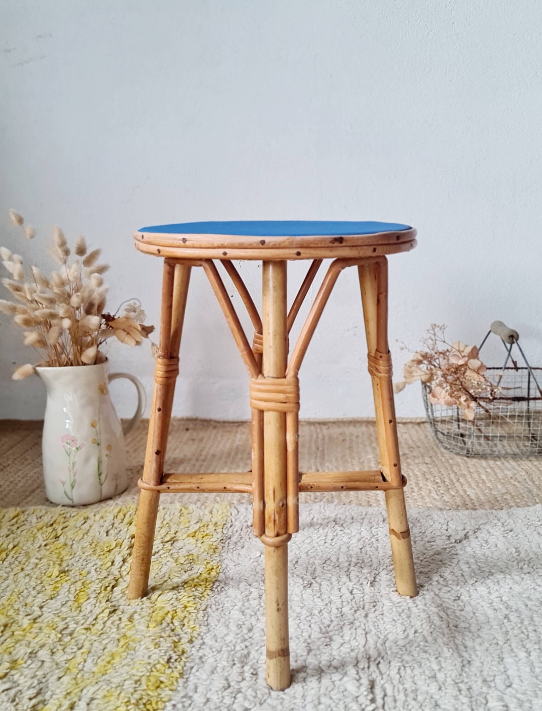 Rattan stool - round painted top in Klein blue
