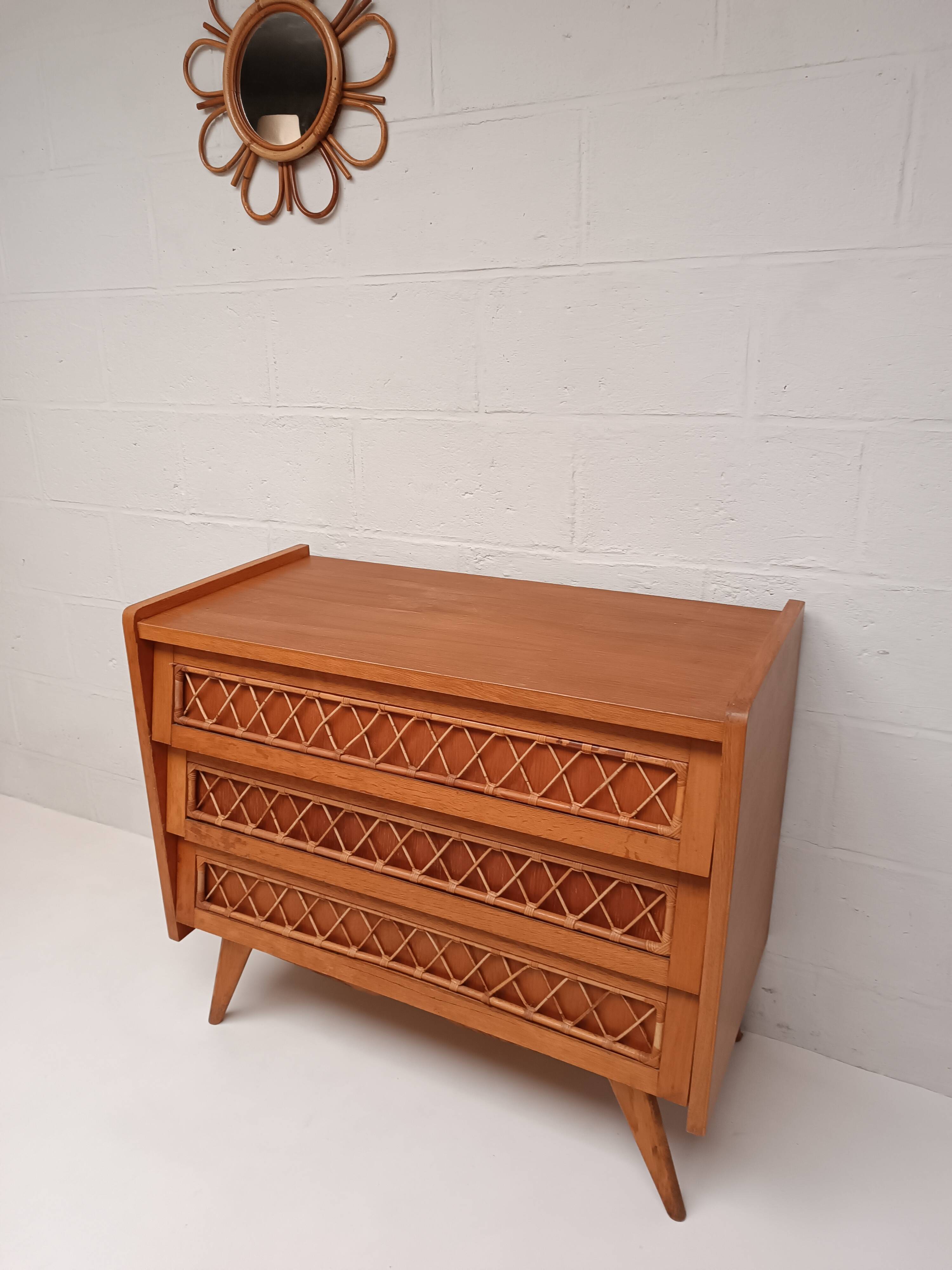 Vintage wood and rattan chest of drawers