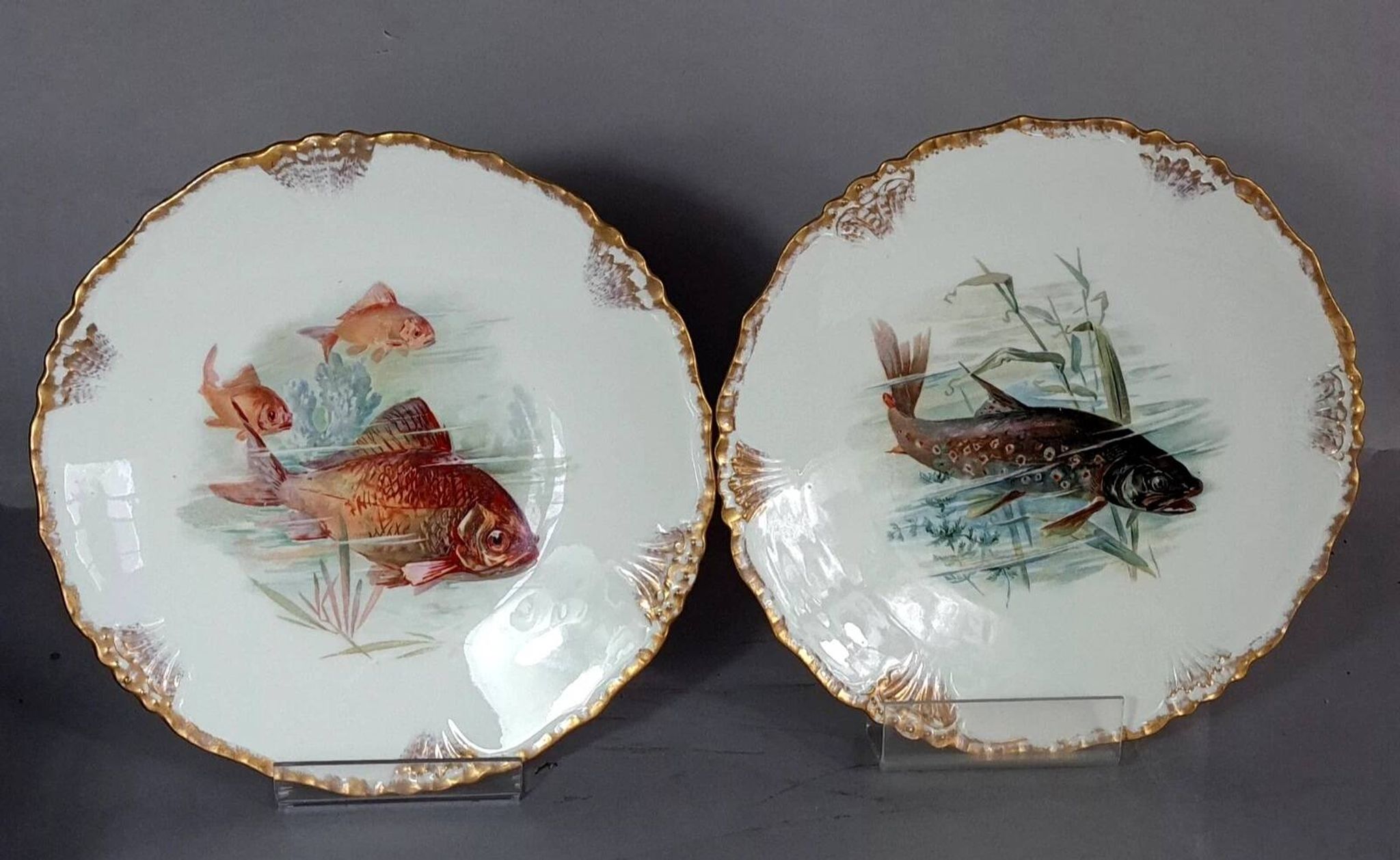 Antique fish service J. Pouyat porcelain Limoges plate 61 cm, 8 plates