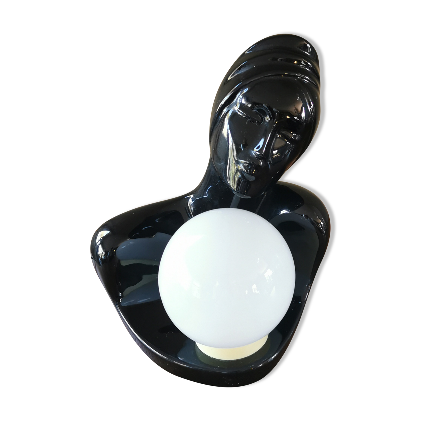 Vintage 80s lamp in the shape of a woman's bust made of black ceramic.