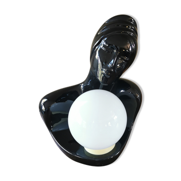 Vintage 80s lamp, female bust in black ceramic.
