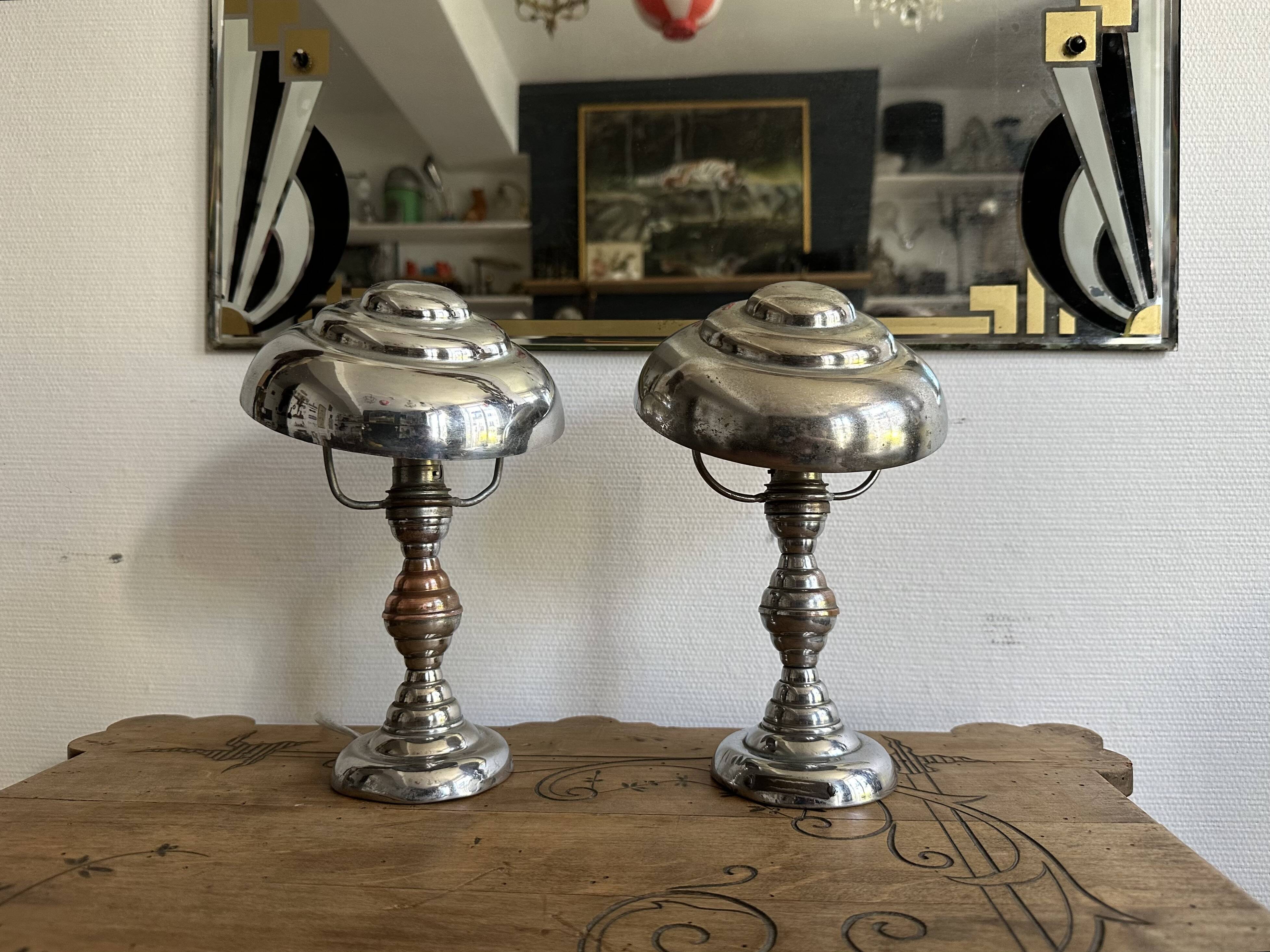 Pair of Art Deco ELAU mushroom lamps with adjustable nickel-plated metal.