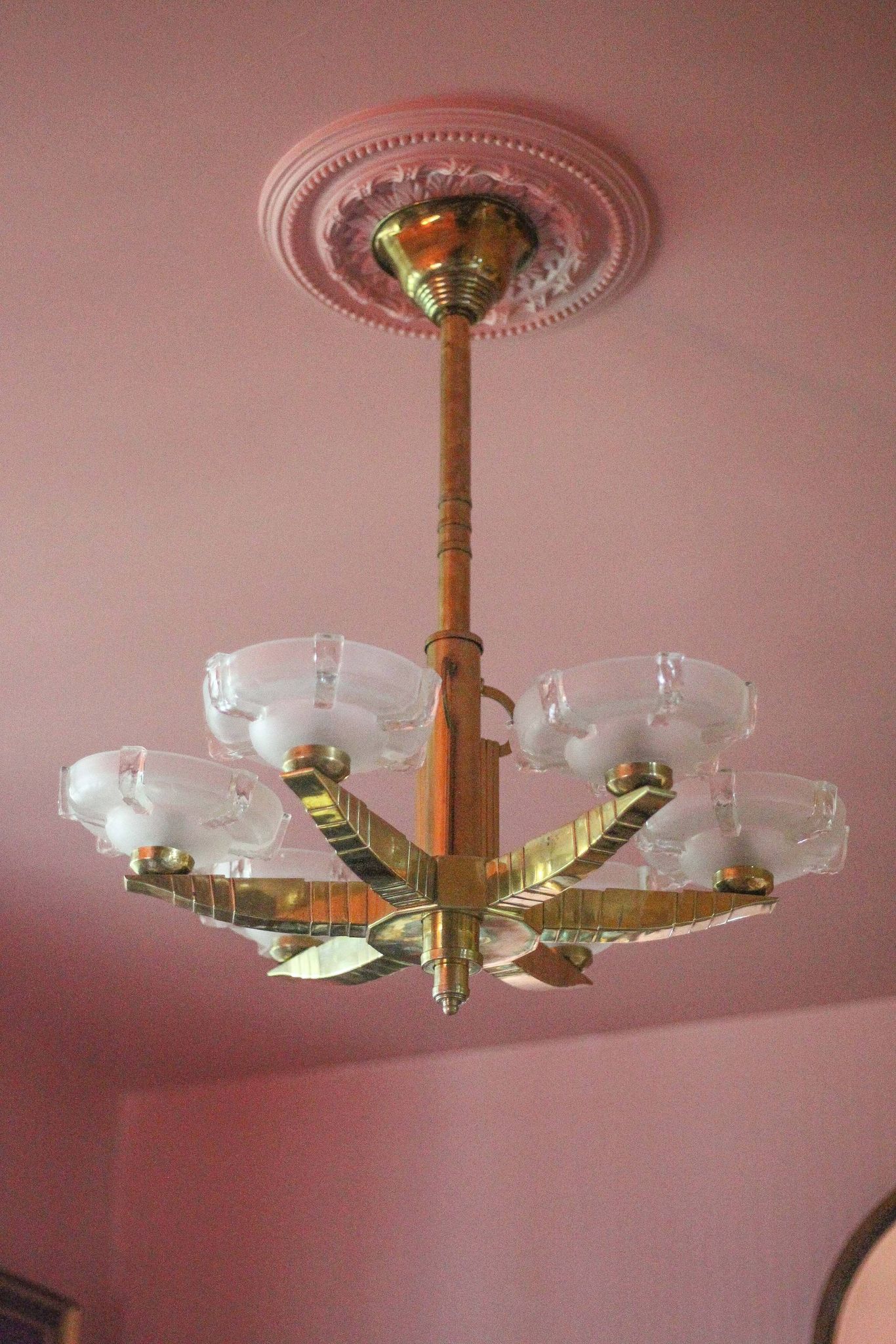 art deco suspension, 6-light Ezan glass globe chandelier, art deco bronze chandelier