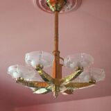 art deco suspension, 6-light Ezan glass globe chandelier, art deco bronze chandelier