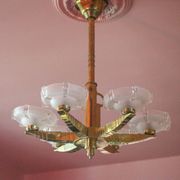 art deco suspension, 6-light Ezan glass globe chandelier, art deco bronze chandelier