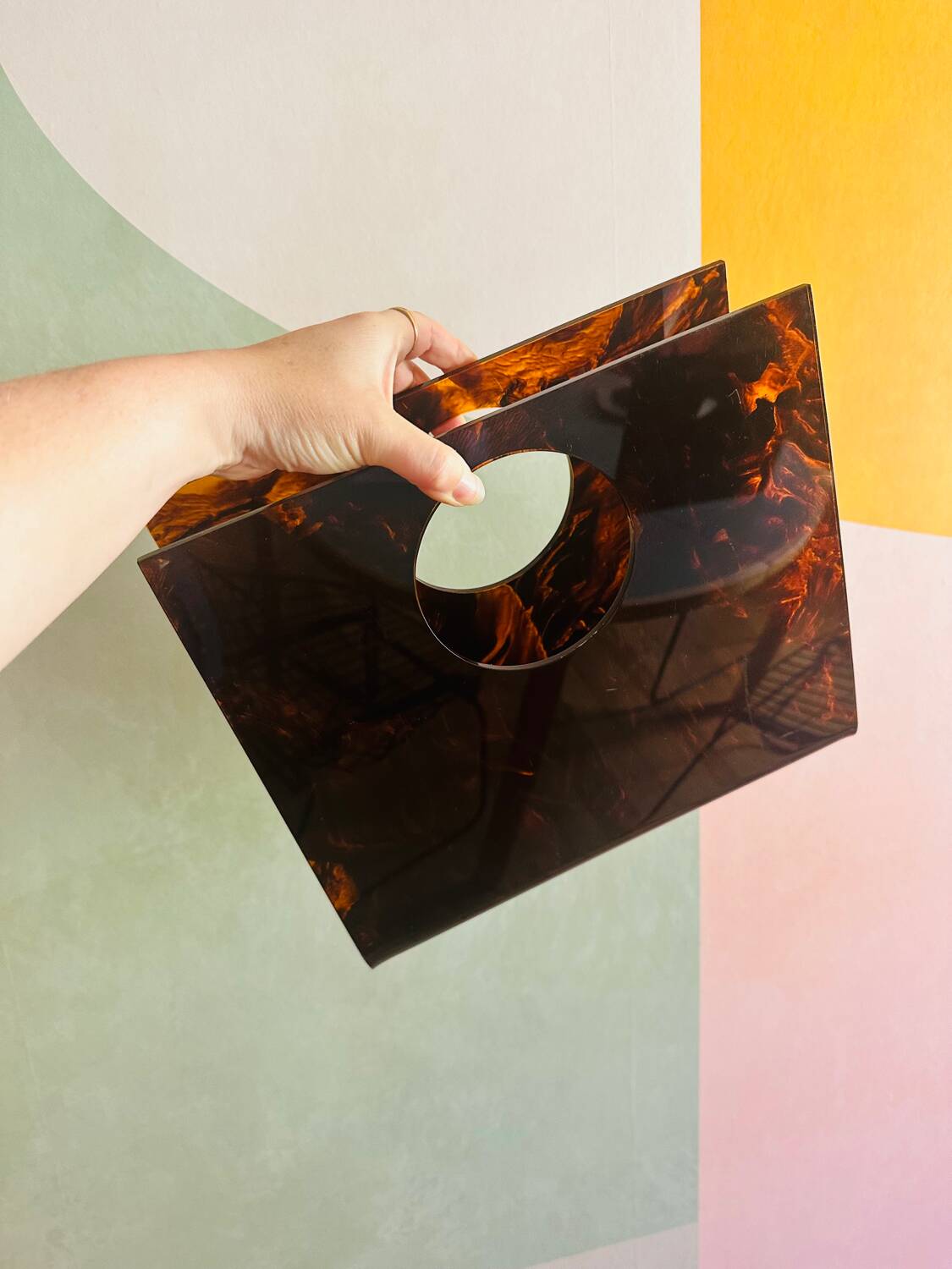 Vintage 70's lucite plexi tortoiseshell magazine rack