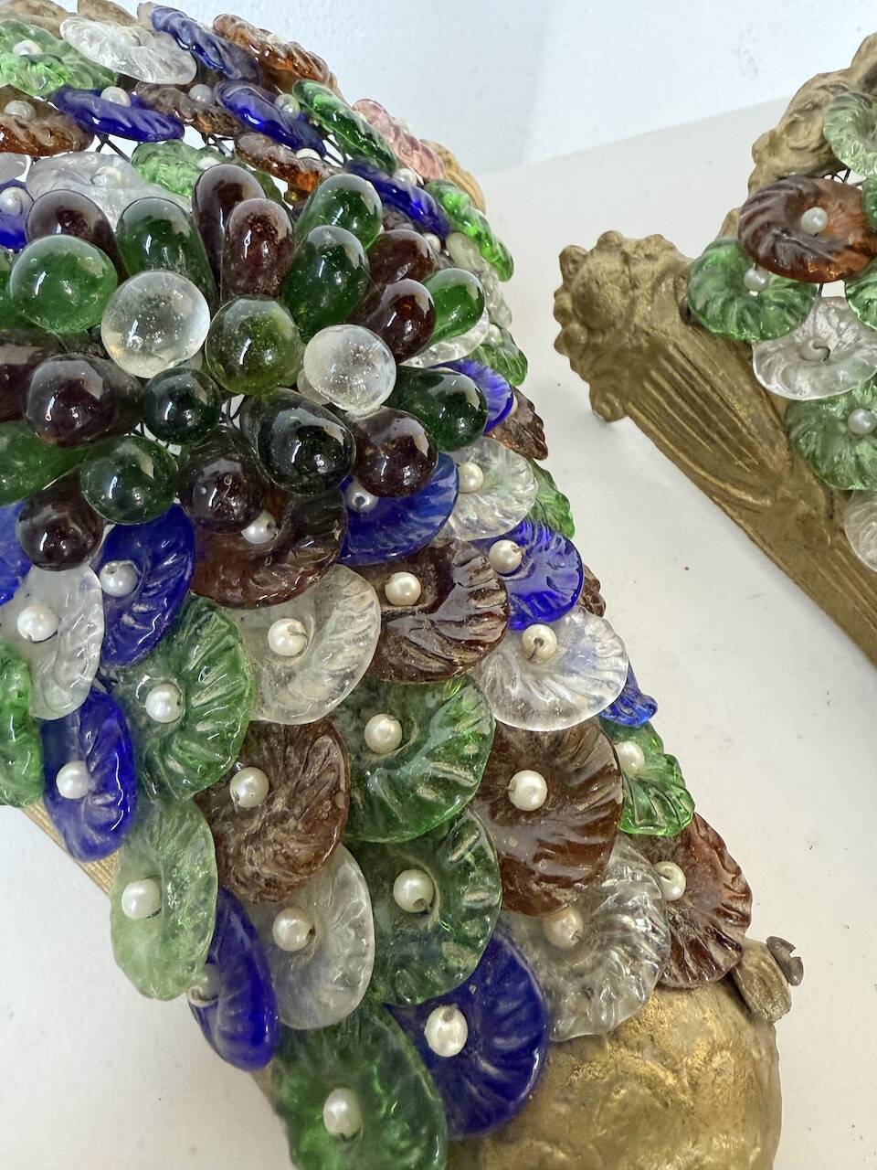 Pair of Art Nouveau bronze and Murano glass wall lights