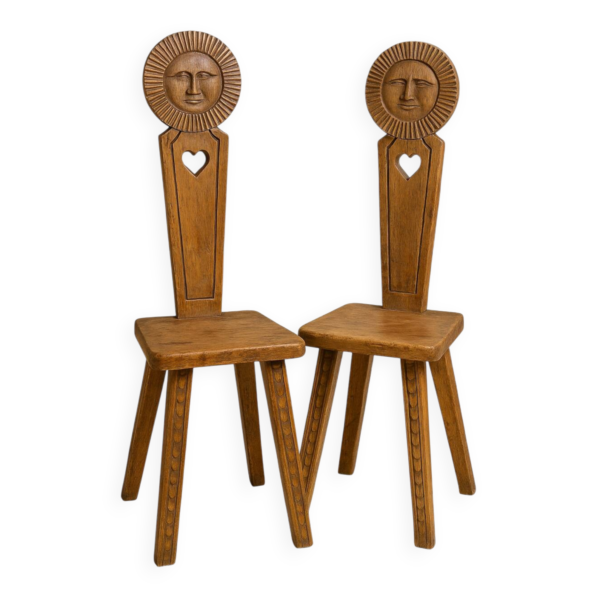 Pair of antique Catalan chairs with sun face motifs, Cerdagne