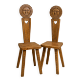 Pair of antique Catalan chairs with sun face motifs, Cerdagne