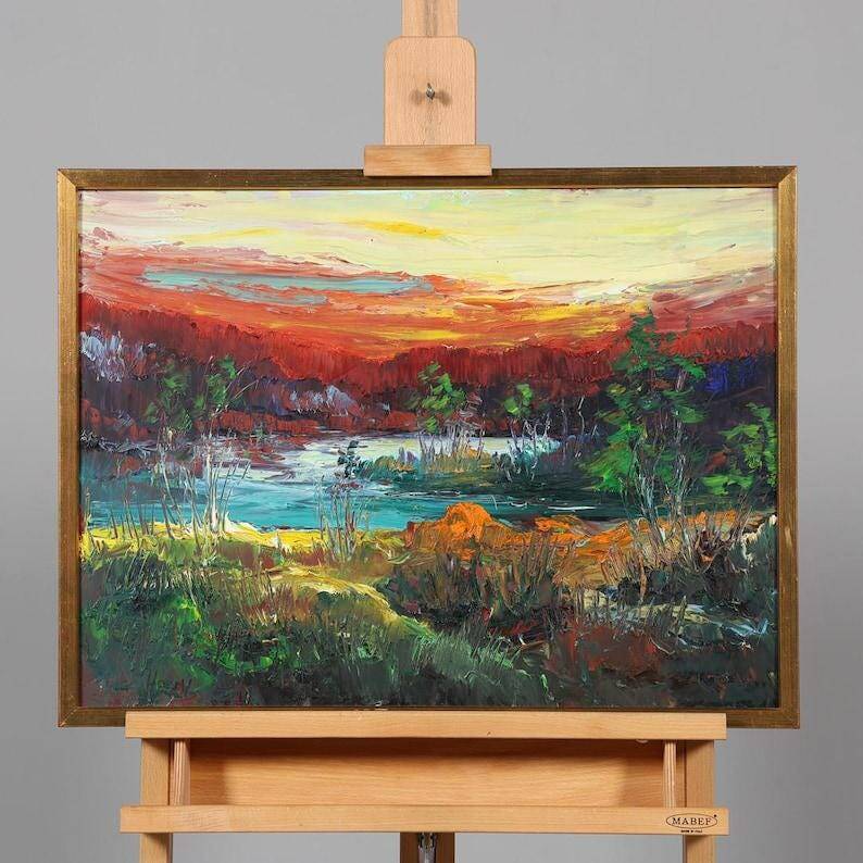 Huile su panneau suédoise "Murmures de la forêt" vintage et encadrée