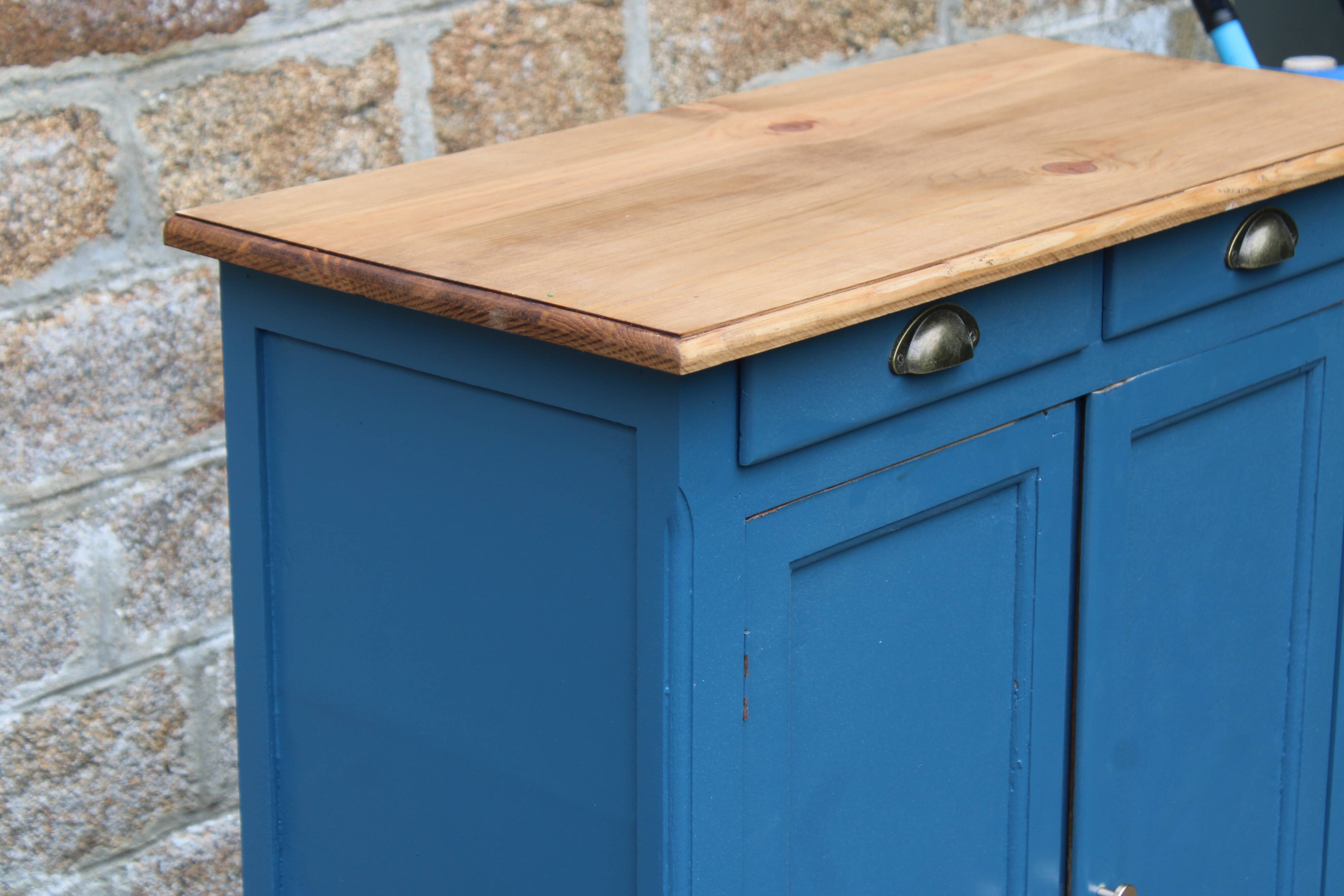 Vintage deep blue Parisian sideboard & natural wood top