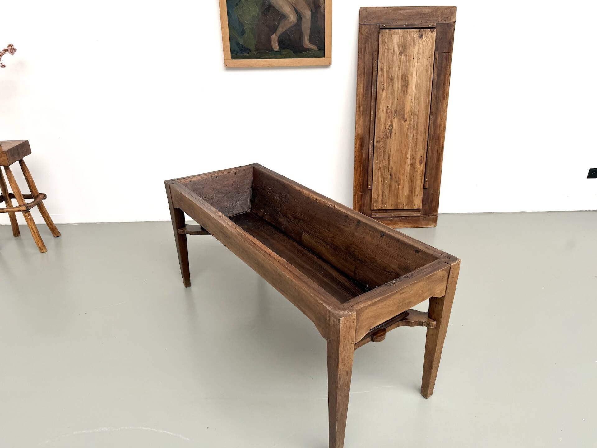 Farm table, old solid oak dough trough, France, around 1920.