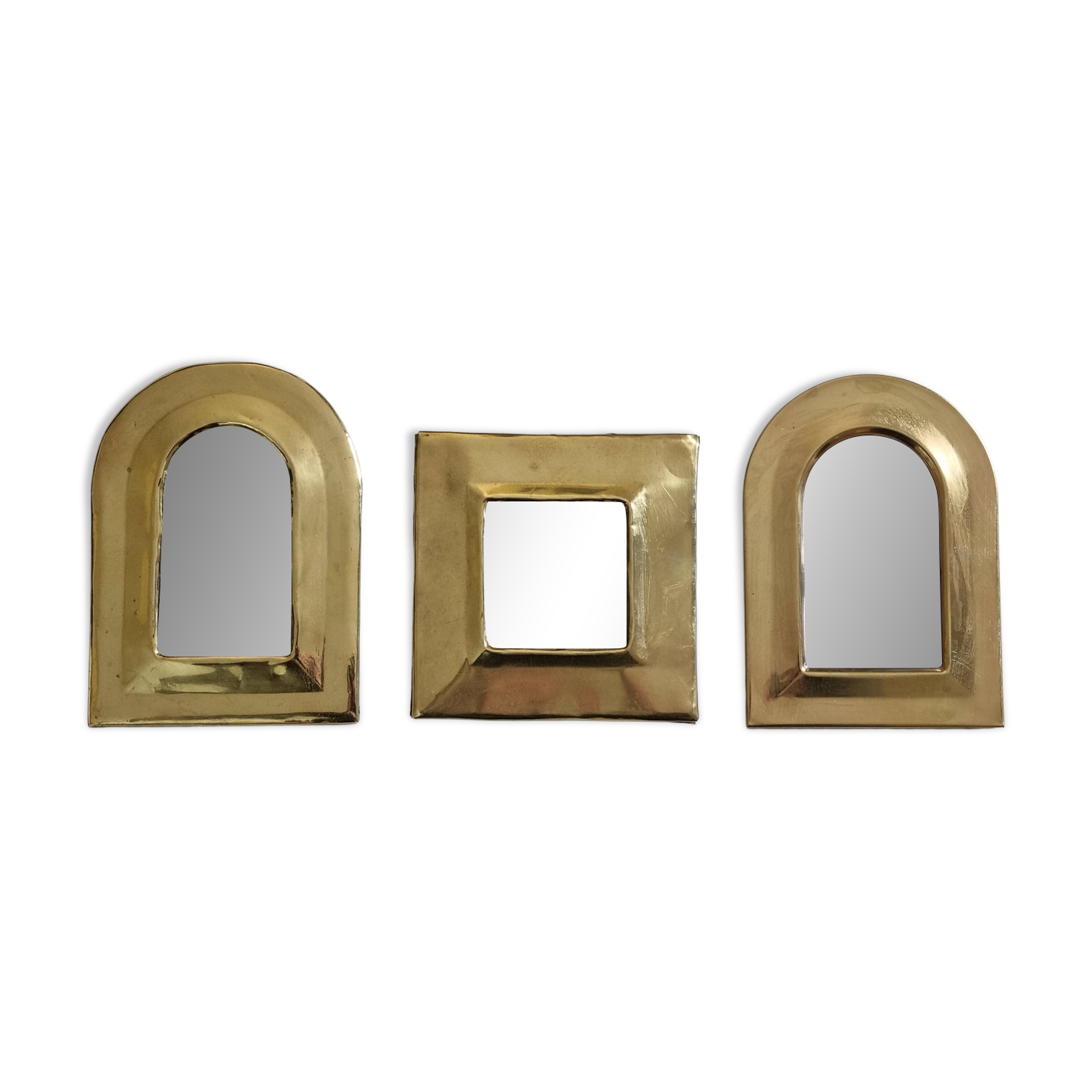 Ensemble de 3 miroirs en laiton formes arche et carré 11 x 15 cm