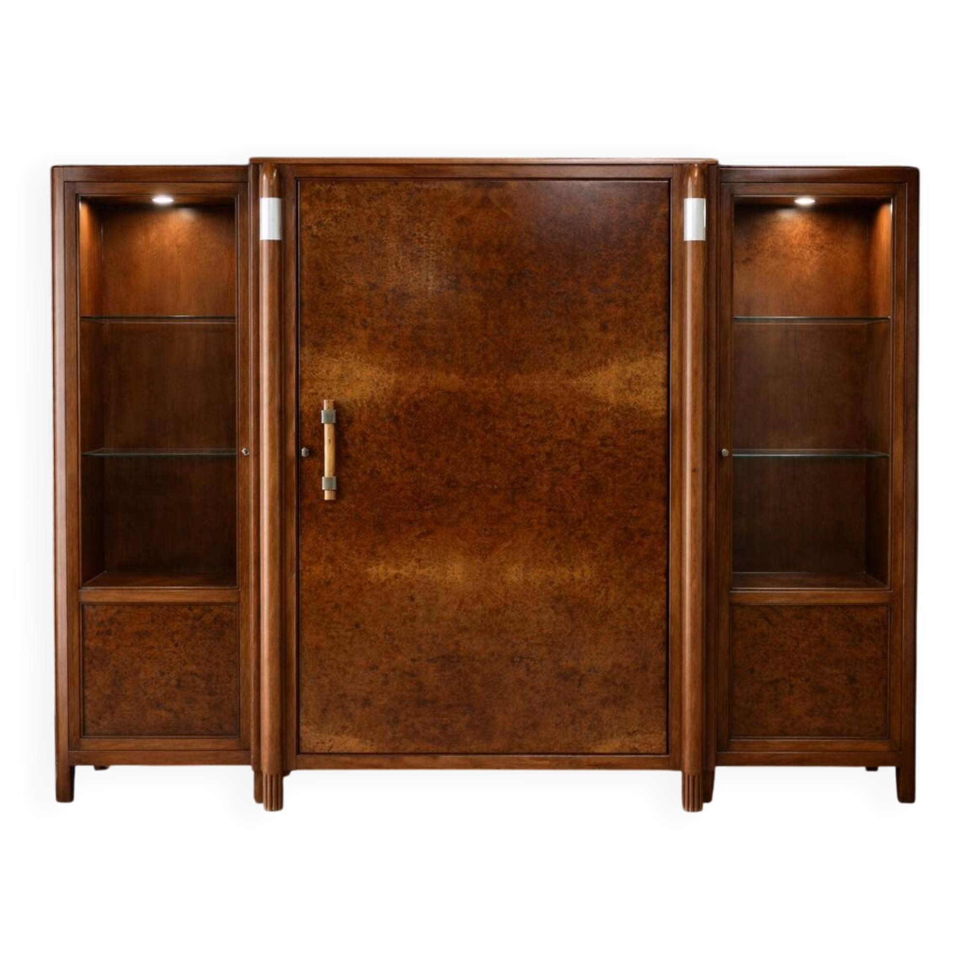 Important Art Deco library in amboyna and mahogany veneer.