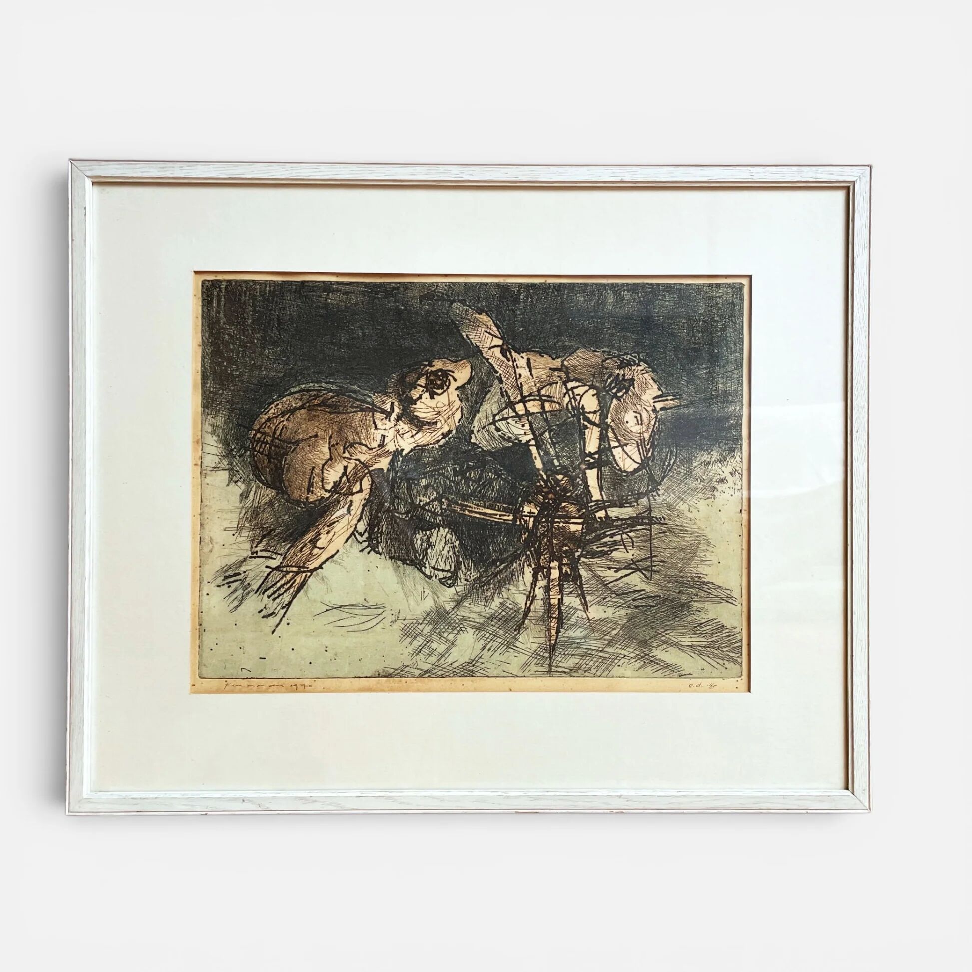Dutch art print of a jumping frog, 1970, signed and numbered.