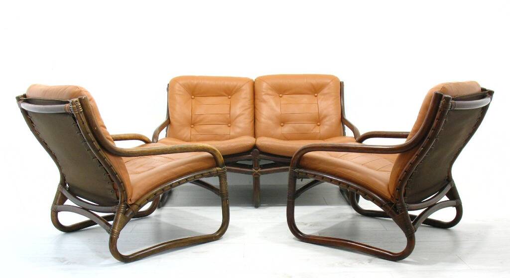 Italian Bamboo, Rattan, and Leather Living Room Set, 1970s